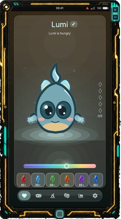 Lumi at home wearing cub ears, with feeding crystals below.