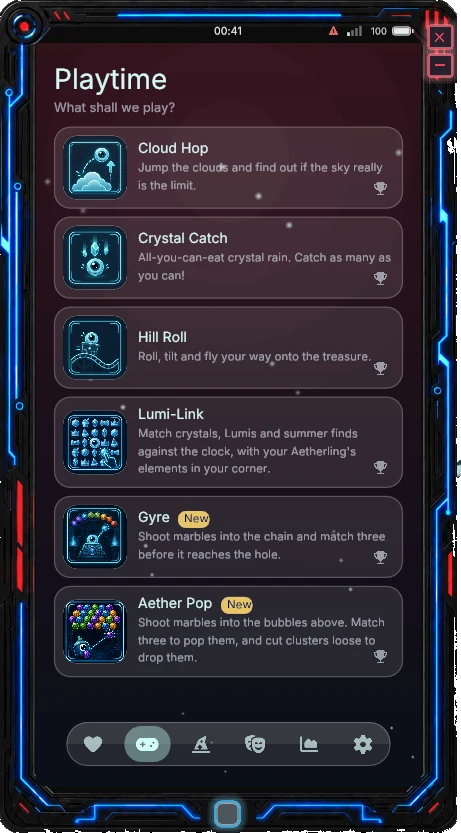 The Playtime list with six Lumi minigames, including Gyre and Aether Pop.