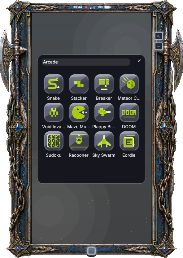 The Arcade folder on the home screen with twelve games, from Snake to DOOM.