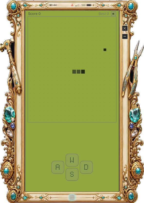 A game of Snake in play, with the on-screen WASD pad.