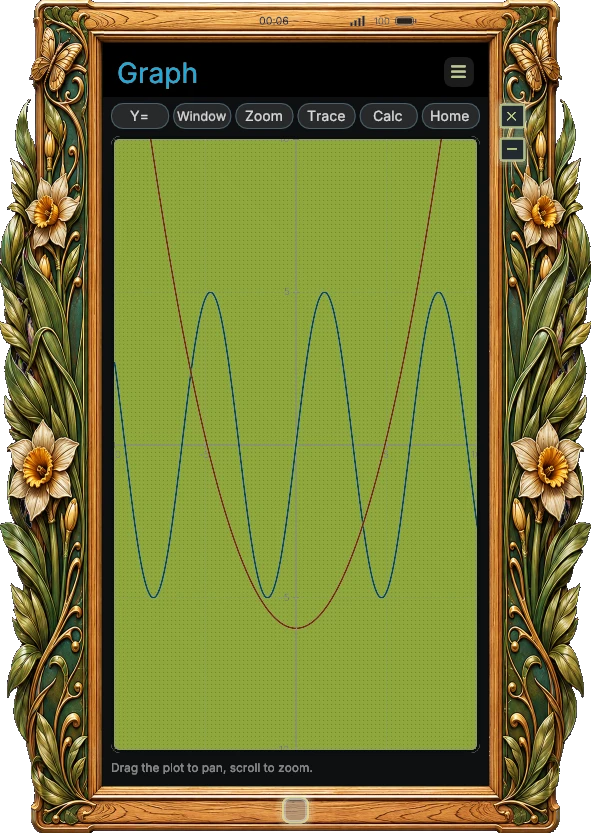 The graphing calculator drawing a sine wave and a parabola.