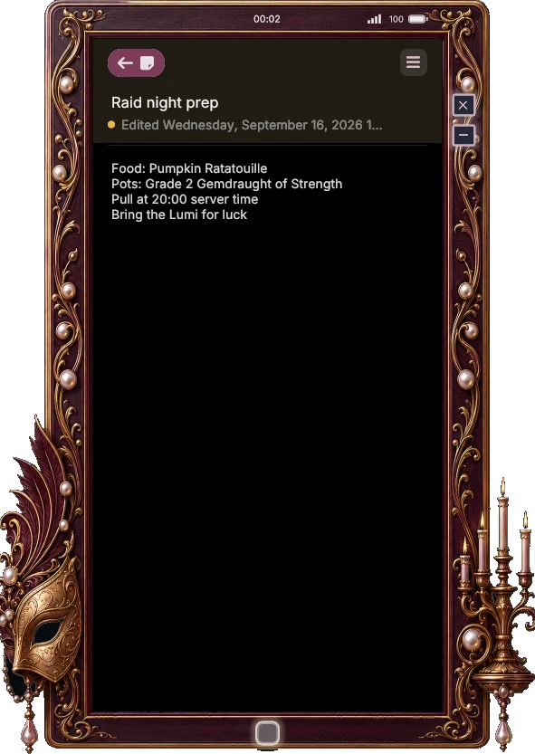 An open note called Raid night prep, listing food, potions and the pull time.
