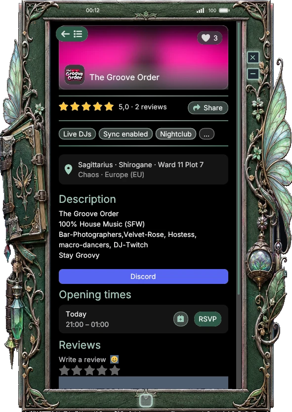 A venue page with its rating, tags, address, description and opening times.