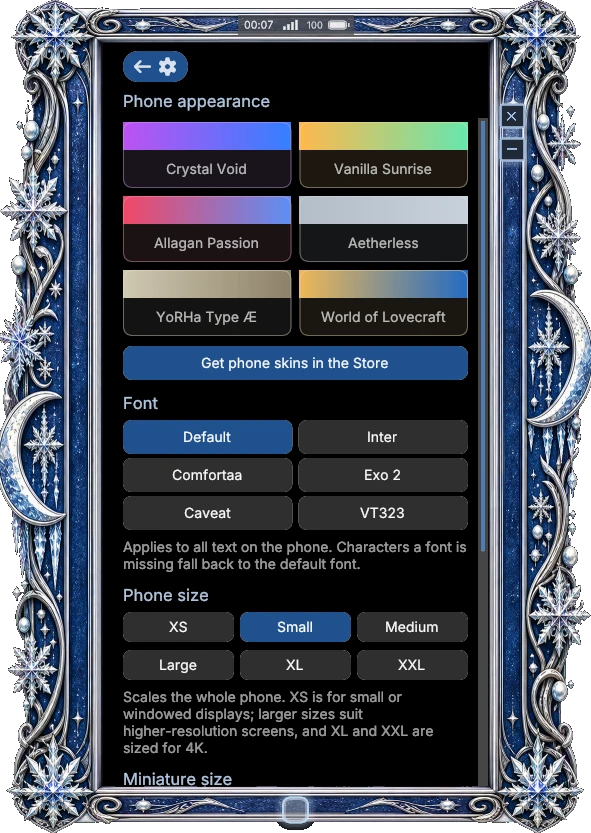 Phone appearance settings with six themes, six fonts and six phone sizes.