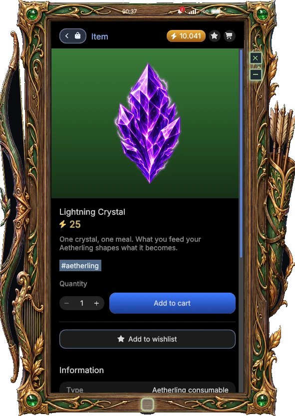 A Store item page for a Lightning Crystal, with its price, description and an Add to cart button.