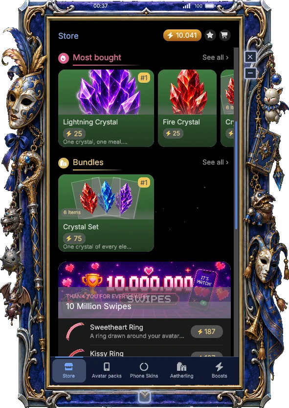 The Store with its most bought items, a crystal bundle and the 10 Million Swipes shelf.