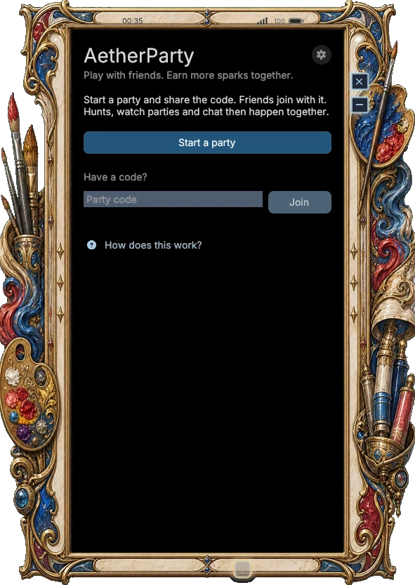 The AetherParty screen with buttons to start a party or join one with a code.