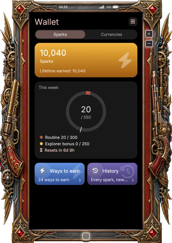 The Wallet showing a Sparks balance and this week's progress toward the weekly limit.