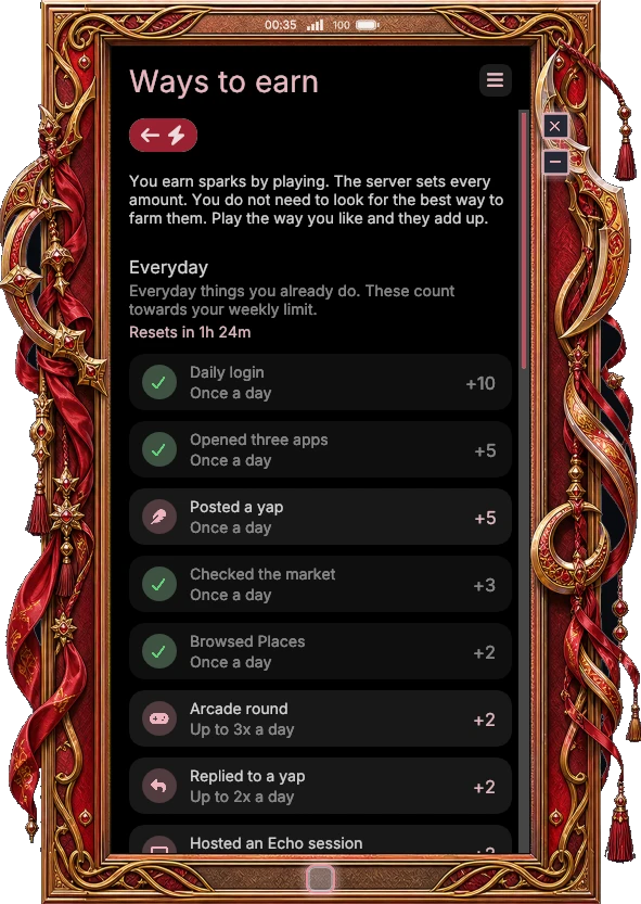 The Ways to earn list in the Wallet, with daily tasks already done and their Sparks.