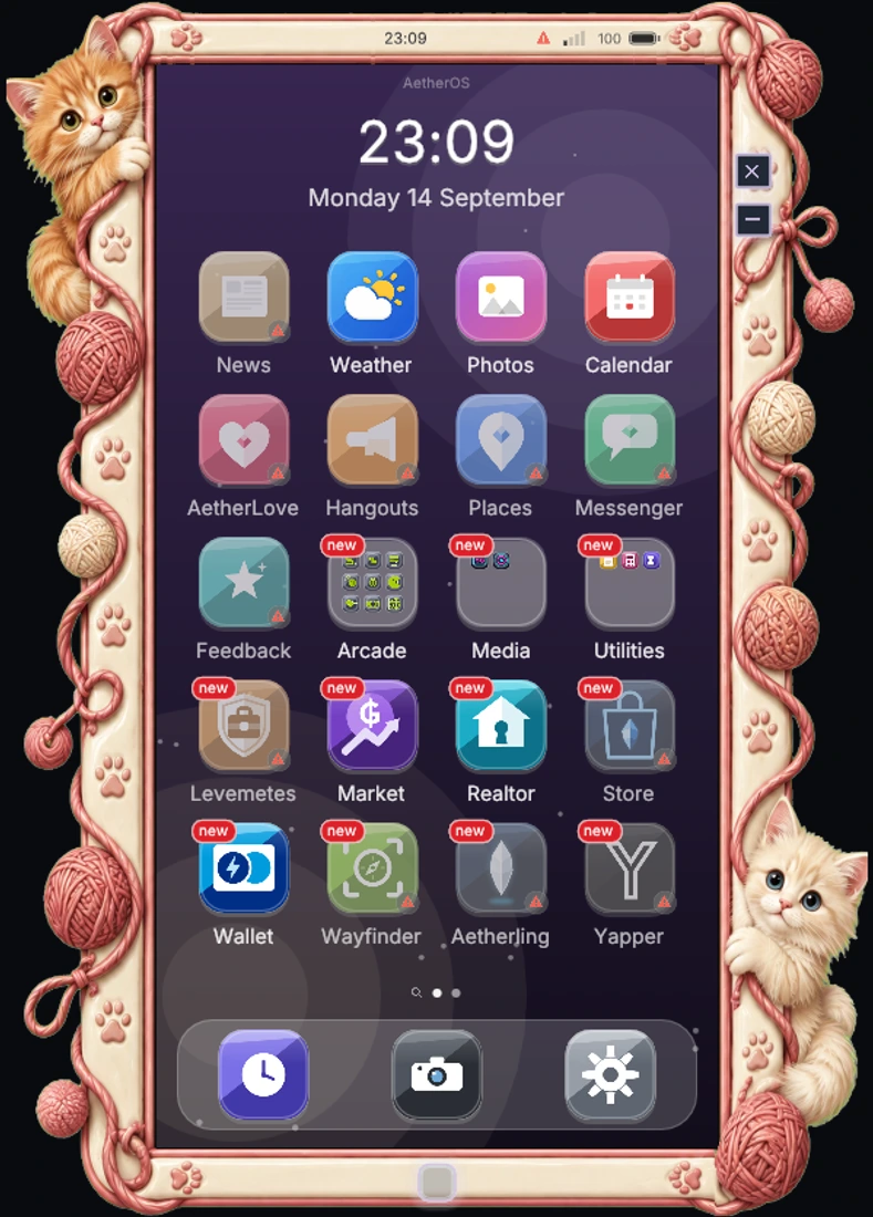 The AetherOS home screen with the Paws and Yarn bezel, cream and rose borders and fluffy kittens