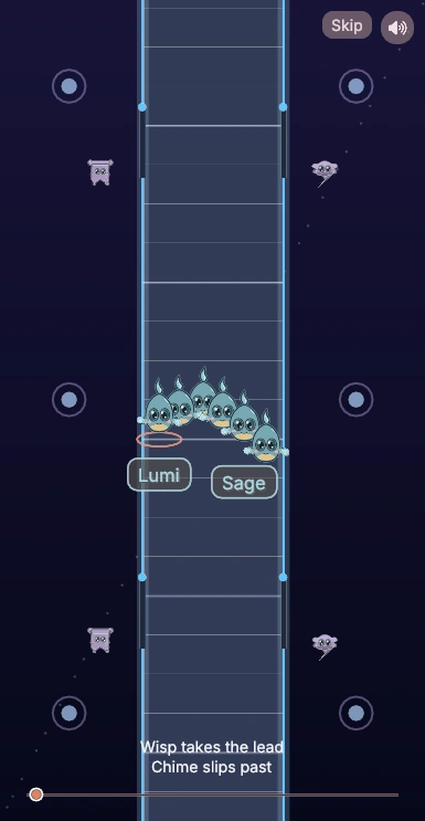 Lumis racing along the Double Helix course in the actual Lumi Racer app